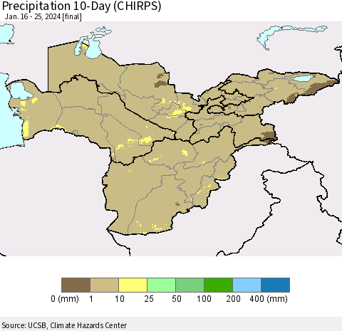 Central Asia Precipitation 10-Day (CHIRPS) Thematic Map For 1/16/2024 - 1/25/2024