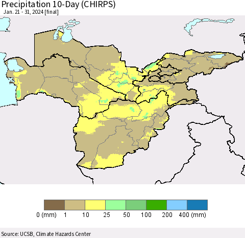 Central Asia Precipitation 10-Day (CHIRPS) Thematic Map For 1/21/2024 - 1/31/2024