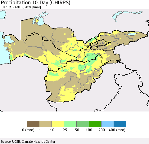 Central Asia Precipitation 10-Day (CHIRPS) Thematic Map For 1/26/2024 - 2/5/2024