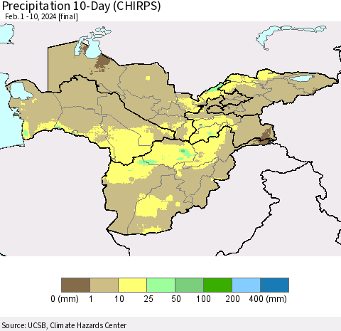 Central Asia Precipitation 10-Day (CHIRPS) Thematic Map For 2/1/2024 - 2/10/2024