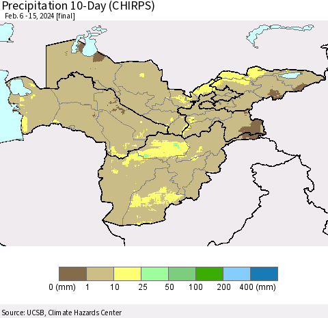 Central Asia Precipitation 10-Day (CHIRPS) Thematic Map For 2/6/2024 - 2/15/2024