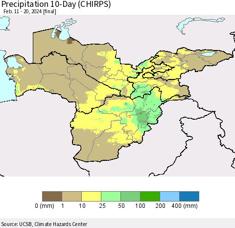 Central Asia Precipitation 10-Day (CHIRPS) Thematic Map For 2/11/2024 - 2/20/2024