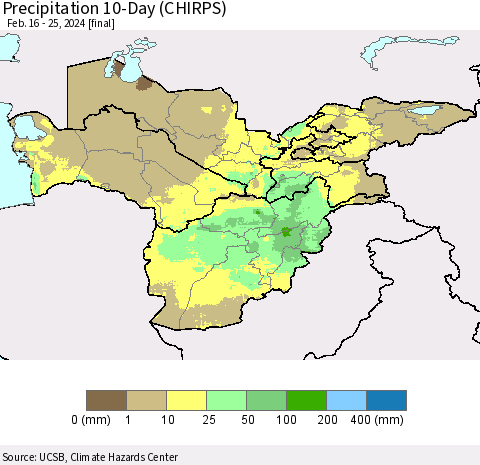 Central Asia Precipitation 10-Day (CHIRPS) Thematic Map For 2/16/2024 - 2/25/2024