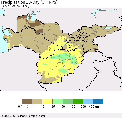 Central Asia Precipitation 10-Day (CHIRPS) Thematic Map For 2/21/2024 - 2/29/2024