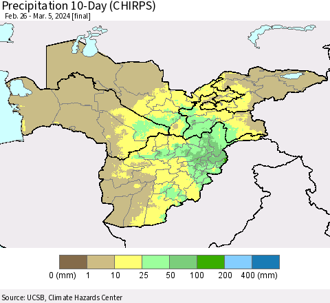 Central Asia Precipitation 10-Day (CHIRPS) Thematic Map For 2/26/2024 - 3/5/2024