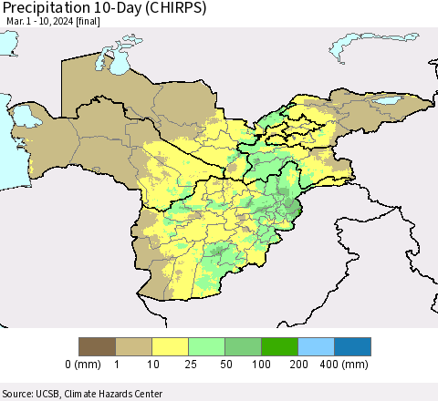Central Asia Precipitation 10-Day (CHIRPS) Thematic Map For 3/1/2024 - 3/10/2024