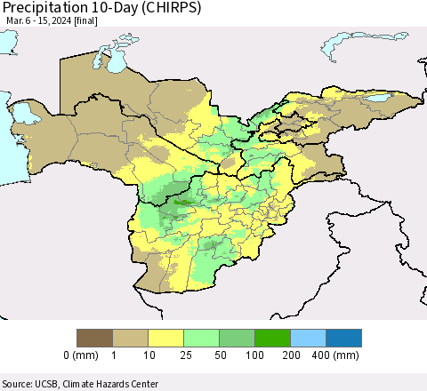 Central Asia Precipitation 10-Day (CHIRPS) Thematic Map For 3/6/2024 - 3/15/2024