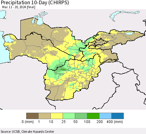 Central Asia Precipitation 10-Day (CHIRPS) Thematic Map For 3/11/2024 - 3/20/2024