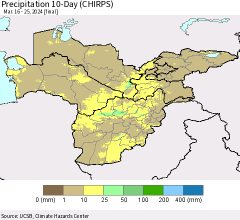 Central Asia Precipitation 10-Day (CHIRPS) Thematic Map For 3/16/2024 - 3/25/2024