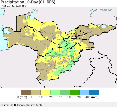 Central Asia Precipitation 10-Day (CHIRPS) Thematic Map For 3/21/2024 - 3/31/2024