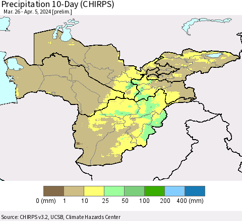 Central Asia Precipitation 10-Day (CHIRPS) Thematic Map For 3/26/2024 - 4/5/2024
