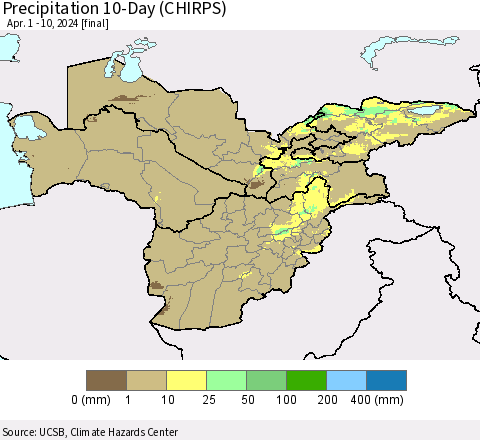 Central Asia Precipitation 10-Day (CHIRPS) Thematic Map For 4/1/2024 - 4/10/2024