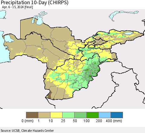 Central Asia Precipitation 10-Day (CHIRPS) Thematic Map For 4/6/2024 - 4/15/2024