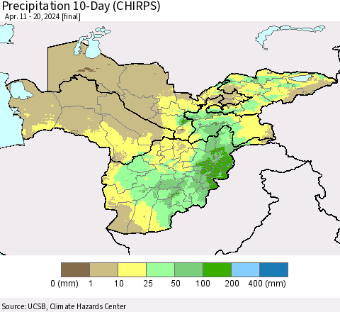 Central Asia Precipitation 10-Day (CHIRPS) Thematic Map For 4/11/2024 - 4/20/2024