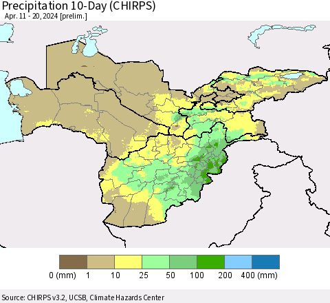Central Asia Precipitation 10-Day (CHIRPS) Thematic Map For 4/11/2024 - 4/20/2024