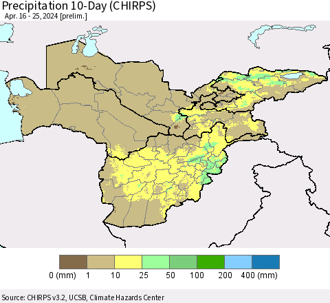 Central Asia Precipitation 10-Day (CHIRPS) Thematic Map For 4/16/2024 - 4/25/2024