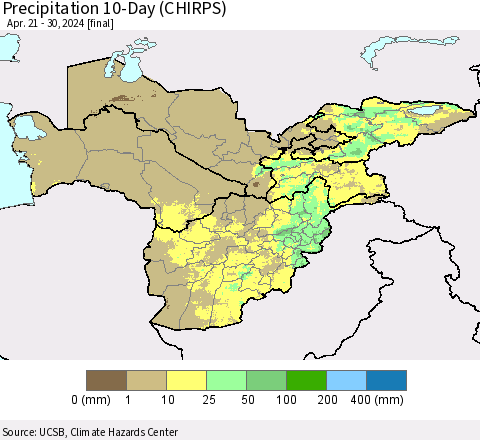Central Asia Precipitation 10-Day (CHIRPS) Thematic Map For 4/21/2024 - 4/30/2024