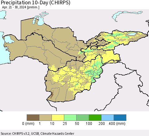 Central Asia Precipitation 10-Day (CHIRPS) Thematic Map For 4/21/2024 - 4/30/2024