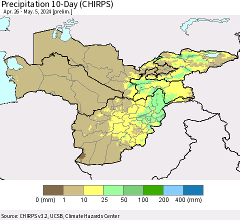 Central Asia Precipitation 10-Day (CHIRPS) Thematic Map For 4/26/2024 - 5/5/2024