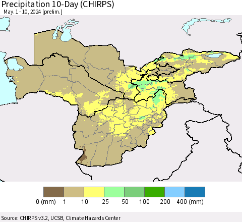 Central Asia Precipitation 10-Day (CHIRPS) Thematic Map For 5/1/2024 - 5/10/2024