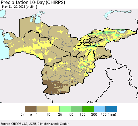 Central Asia Precipitation 10-Day (CHIRPS) Thematic Map For 5/11/2024 - 5/20/2024