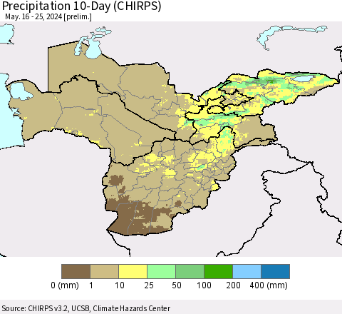 Central Asia Precipitation 10-Day (CHIRPS) Thematic Map For 5/16/2024 - 5/25/2024