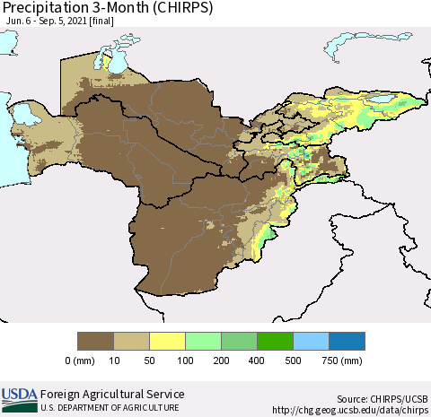 Central Asia Precipitation 3-Month (CHIRPS) Thematic Map For 6/6/2021 - 9/5/2021