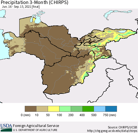 Central Asia Precipitation 3-Month (CHIRPS) Thematic Map For 6/16/2021 - 9/15/2021