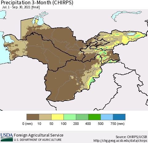 Central Asia Precipitation 3-Month (CHIRPS) Thematic Map For 7/1/2021 - 9/30/2021