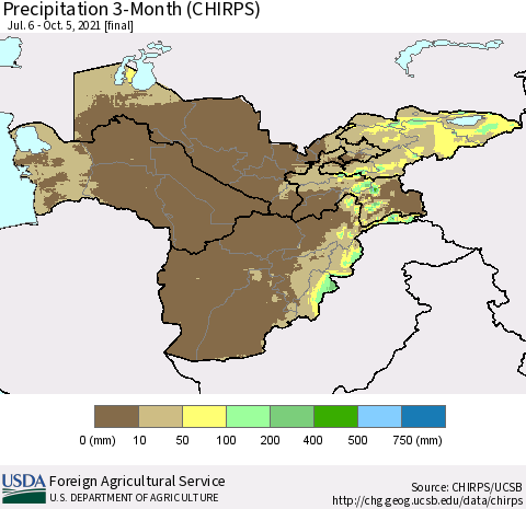 Central Asia Precipitation 3-Month (CHIRPS) Thematic Map For 7/6/2021 - 10/5/2021