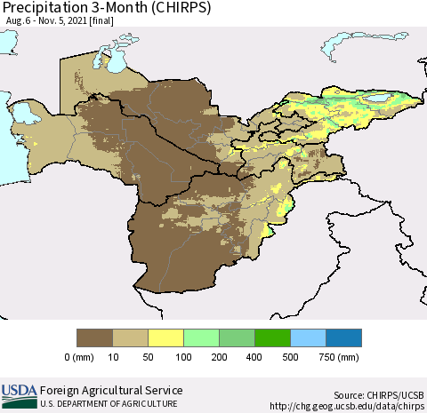 Central Asia Precipitation 3-Month (CHIRPS) Thematic Map For 8/6/2021 - 11/5/2021