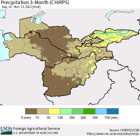 Central Asia Precipitation 3-Month (CHIRPS) Thematic Map For 8/16/2021 - 11/15/2021