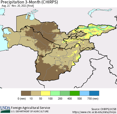 Central Asia Precipitation 3-Month (CHIRPS) Thematic Map For 8/21/2021 - 11/20/2021