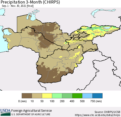 Central Asia Precipitation 3-Month (CHIRPS) Thematic Map For 9/1/2021 - 11/30/2021