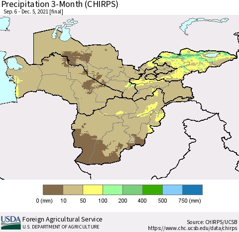 Central Asia Precipitation 3-Month (CHIRPS) Thematic Map For 9/6/2021 - 12/5/2021