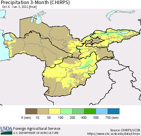 Central Asia Precipitation 3-Month (CHIRPS) Thematic Map For 10/6/2021 - 1/5/2022