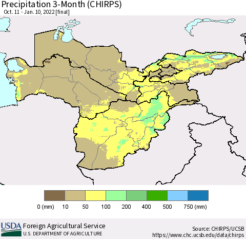 Central Asia Precipitation 3-Month (CHIRPS) Thematic Map For 10/11/2021 - 1/10/2022