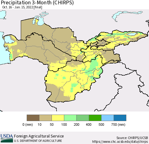 Central Asia Precipitation 3-Month (CHIRPS) Thematic Map For 10/16/2021 - 1/15/2022