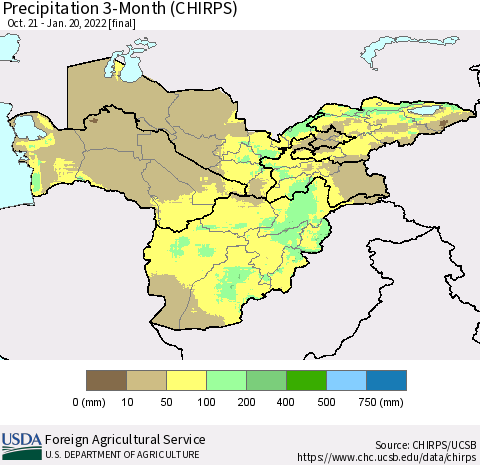 Central Asia Precipitation 3-Month (CHIRPS) Thematic Map For 10/21/2021 - 1/20/2022