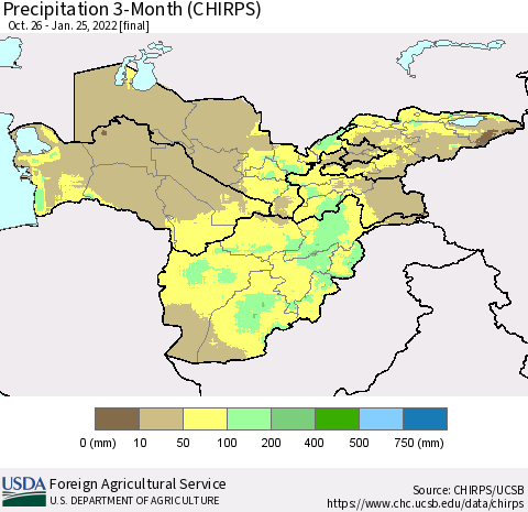 Central Asia Precipitation 3-Month (CHIRPS) Thematic Map For 10/26/2021 - 1/25/2022