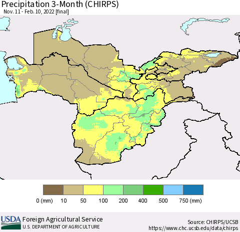 Central Asia Precipitation 3-Month (CHIRPS) Thematic Map For 11/11/2021 - 2/10/2022