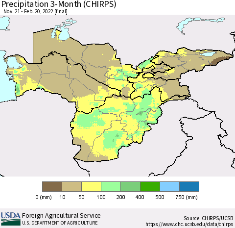 Central Asia Precipitation 3-Month (CHIRPS) Thematic Map For 11/21/2021 - 2/20/2022