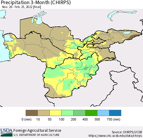 Central Asia Precipitation 3-Month (CHIRPS) Thematic Map For 11/26/2021 - 2/25/2022