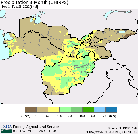 Central Asia Precipitation 3-Month (CHIRPS) Thematic Map For 12/1/2021 - 2/28/2022