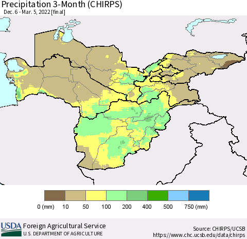 Central Asia Precipitation 3-Month (CHIRPS) Thematic Map For 12/6/2021 - 3/5/2022