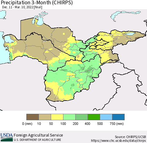Central Asia Precipitation 3-Month (CHIRPS) Thematic Map For 12/11/2021 - 3/10/2022