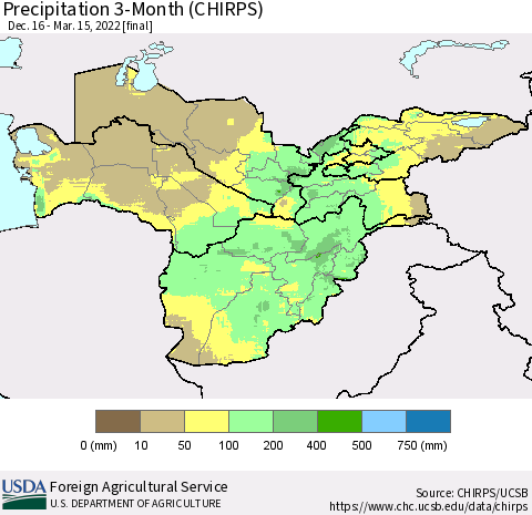 Central Asia Precipitation 3-Month (CHIRPS) Thematic Map For 12/16/2021 - 3/15/2022