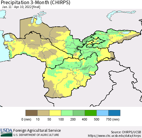 Central Asia Precipitation 3-Month (CHIRPS) Thematic Map For 1/11/2022 - 4/10/2022