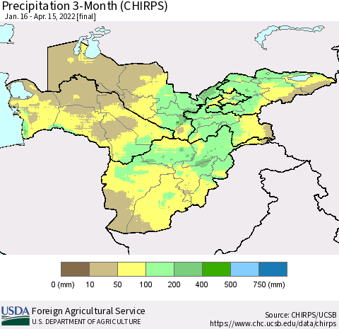 Central Asia Precipitation 3-Month (CHIRPS) Thematic Map For 1/16/2022 - 4/15/2022