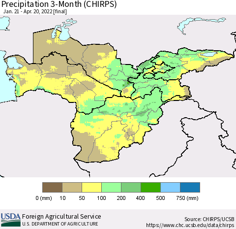 Central Asia Precipitation 3-Month (CHIRPS) Thematic Map For 1/21/2022 - 4/20/2022